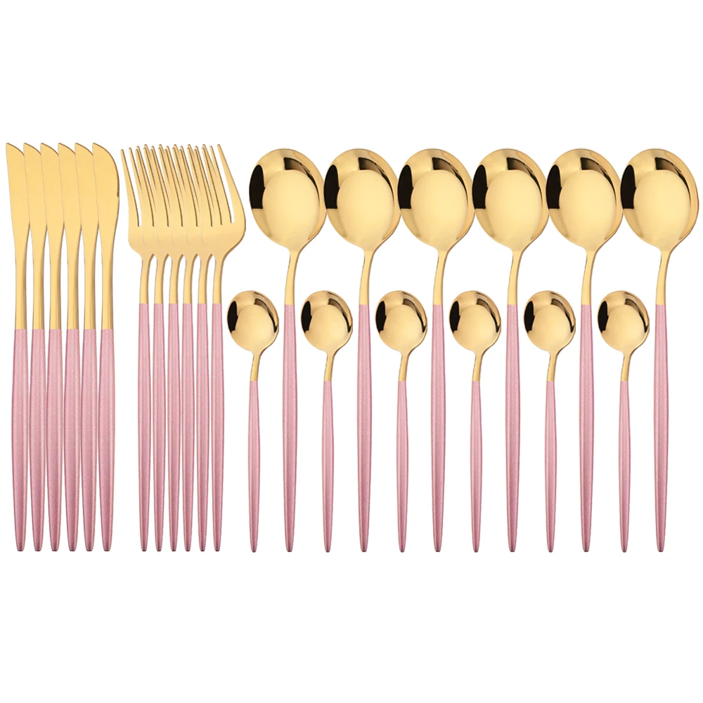 24Pcs Pink Gold Dinnerware Set Stainless Steel Cutlery Set Knives Forks Tea Spoons Dinner Kitchen Tableware Silverware
