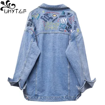 

UHYTGF Plus size jeans jacket womens 2019 fashion embroidery autumn denim jacket Single-breasted loose short coats for women 230