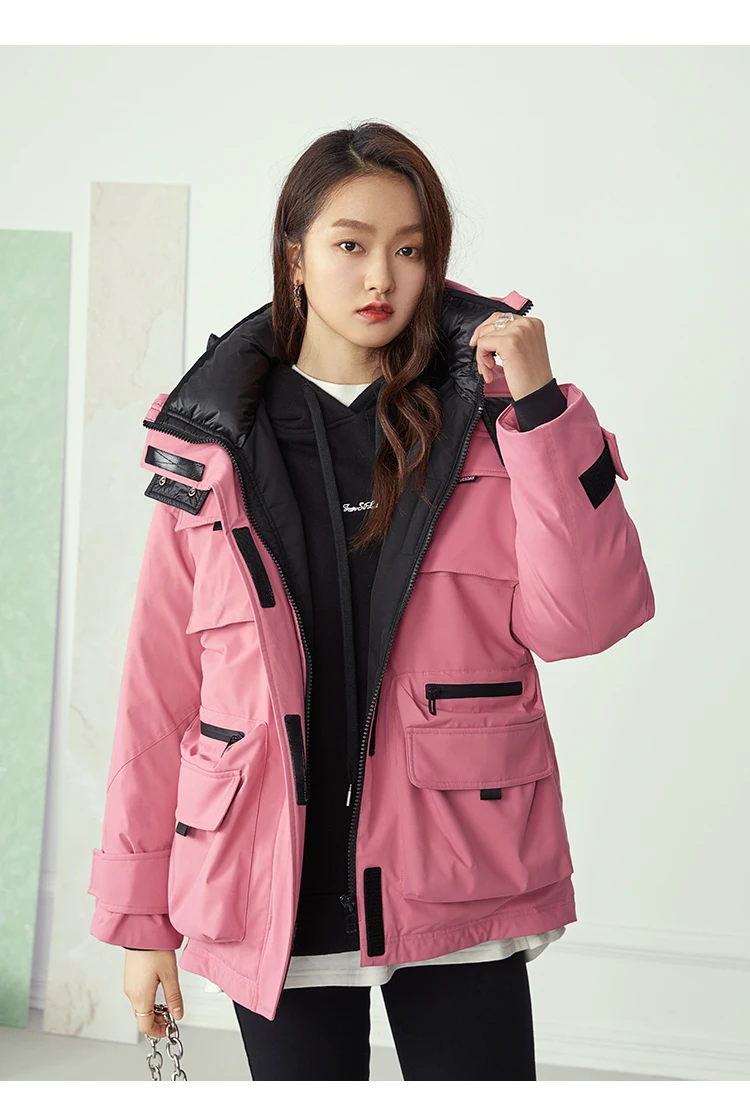 Pocket Worker Hooded Short Down Women Jacket Thermal Feather Strap Down Female Puffy Winter Coat 
