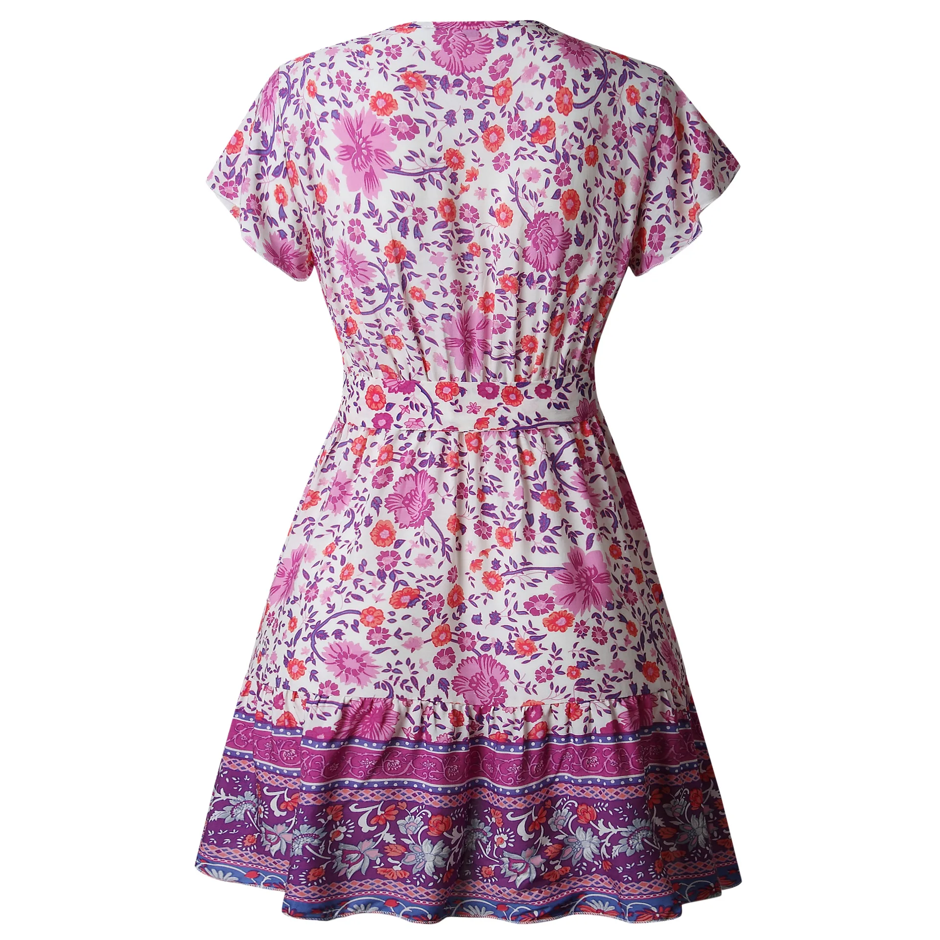Женское мини-платье с коротким рукавом и v-образным вырезом, с драпировкой, с цветочным рисунком, с поясом, летний сарафан