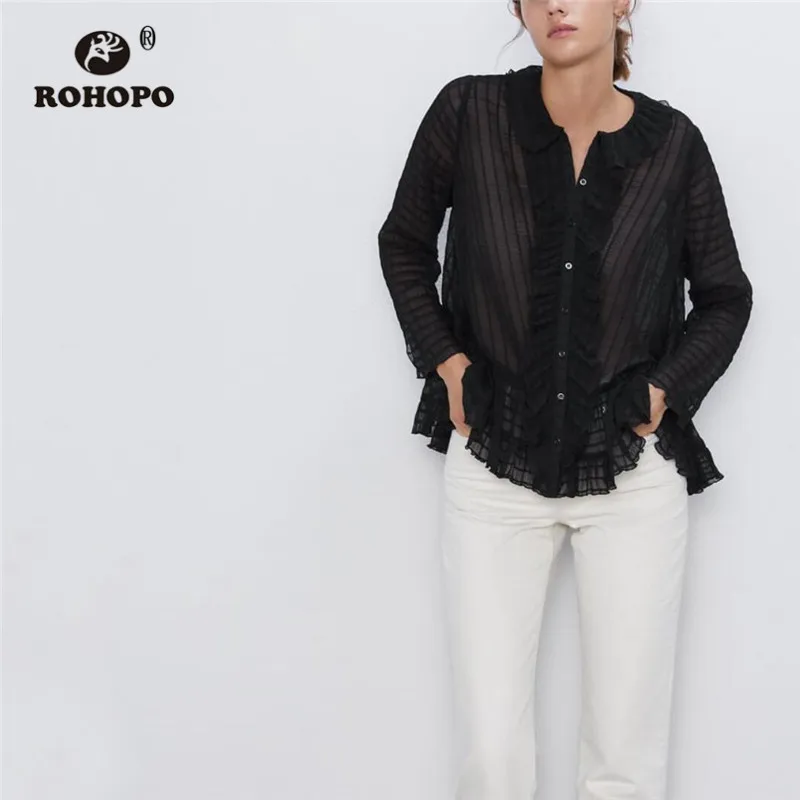 

ROHOPO Long Sleeve Round Collar Black Weave Fabric Black Blouse Front Ruffled Solid Chiffon Buttons Fly Tops Blusa #9392