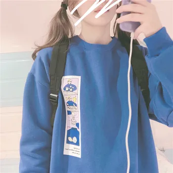 

Women Japanese Hoodie Cute Cartoon Print Sweatshirt Small fresh pullover Loose Students Long sleeve Plus velvet soft Sister Tops