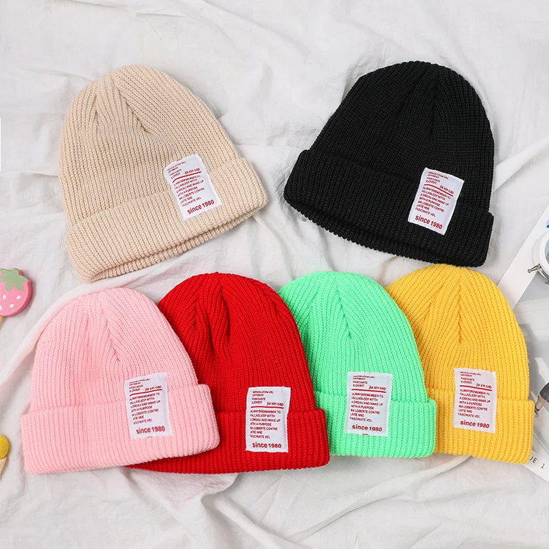 

Unisex Candy Color Knitted Beanie Hat Winter Warm Letter Thicken Beanie Caps For Men And Women Ear Warm Hat Girls Autumn Hats
