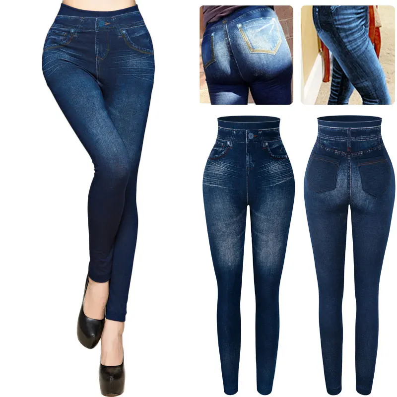 

Faux Denim Warm Leggings High Waist Real Pocket Legging Women Slim Seamless Legins Printing Casual Pencil Pants Jeans Printing