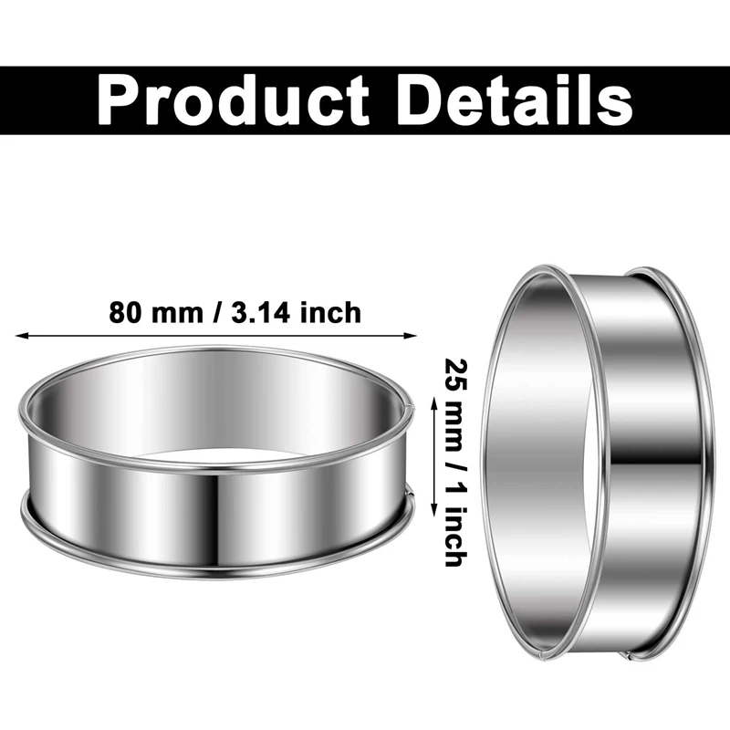 LHIESN double rolled tart rings Stainless Steel edges Circular Round Tart Rings English Muffin Rings Professional Crumpet Bread Rings set of 4