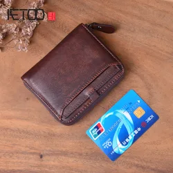 AETOO Retro leather men's old short wallet handmade zipper wallet first layer cowhide large capacity ladies wallet AETOO Retro leather men's old short wallet handmade zipper wallet first layer cowhide large capacity ladies wallet