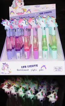 

3Pcs Cute Led light Pen Blue ink Ballpoint Drift Sand Glitter Pen Christmas Santa Claus Unicorn Ball Pen Novelty Gift Stationery
