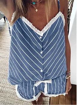 

Plus Size Women Striped Pajama Sets Summer Casual Female Homewear Sleepwear Lace V-Neck Sling Vest Drawstring Shorts Pajamas