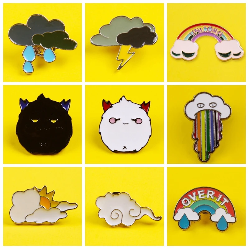 

Weather Lightning Raining Clouds Rainbow Enamel Pins Cartoon Weather Brooches For Kids Backpack Denim Jackets Lapel Pin Badges