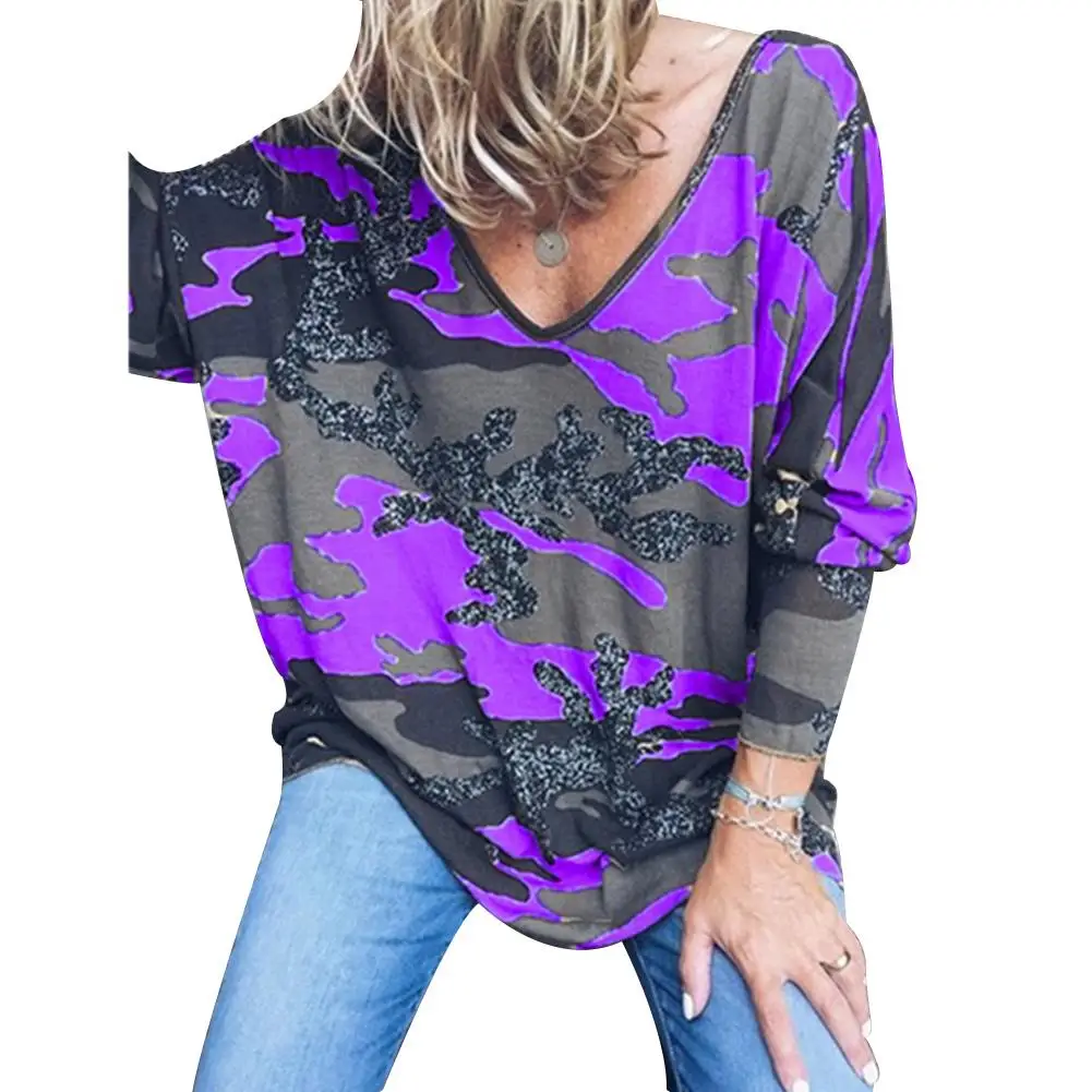

Fashion Women Casual Camouflage Print V-Neck Loose Long Sleeve Tee Shirt Tops Femme Clothing Plus Size