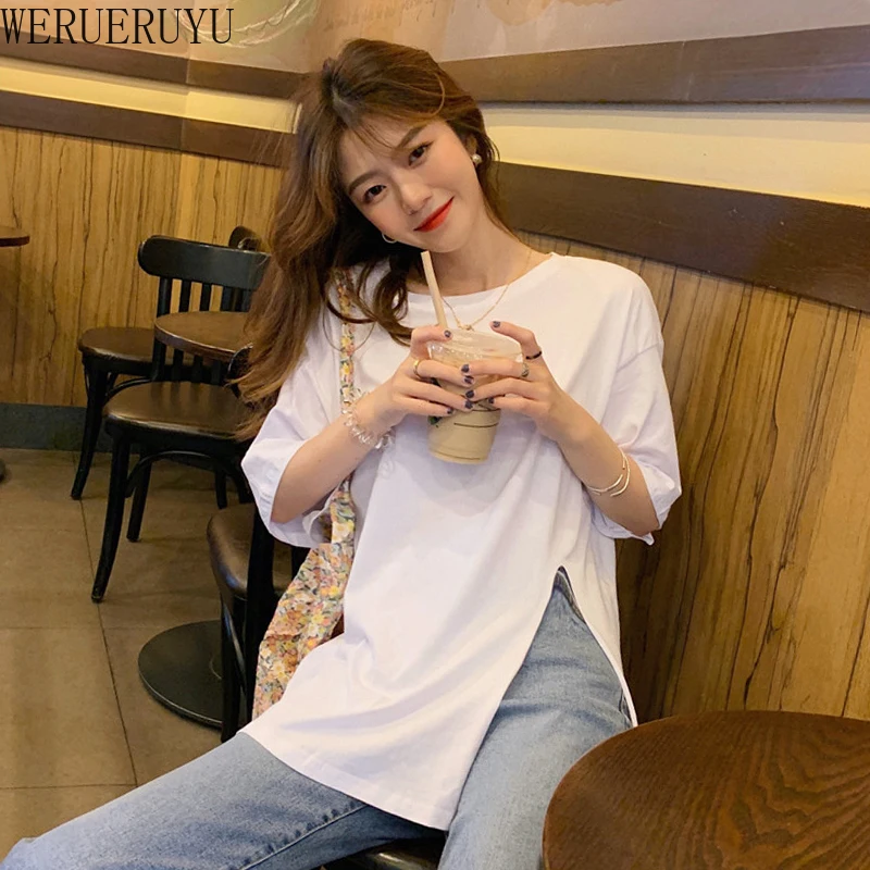 

2020 New Women Summer Short Sleeves Oversized T-Shirt Solid Color Round Neck Side Split Pullover Loose Asymmetric Hem Tunic