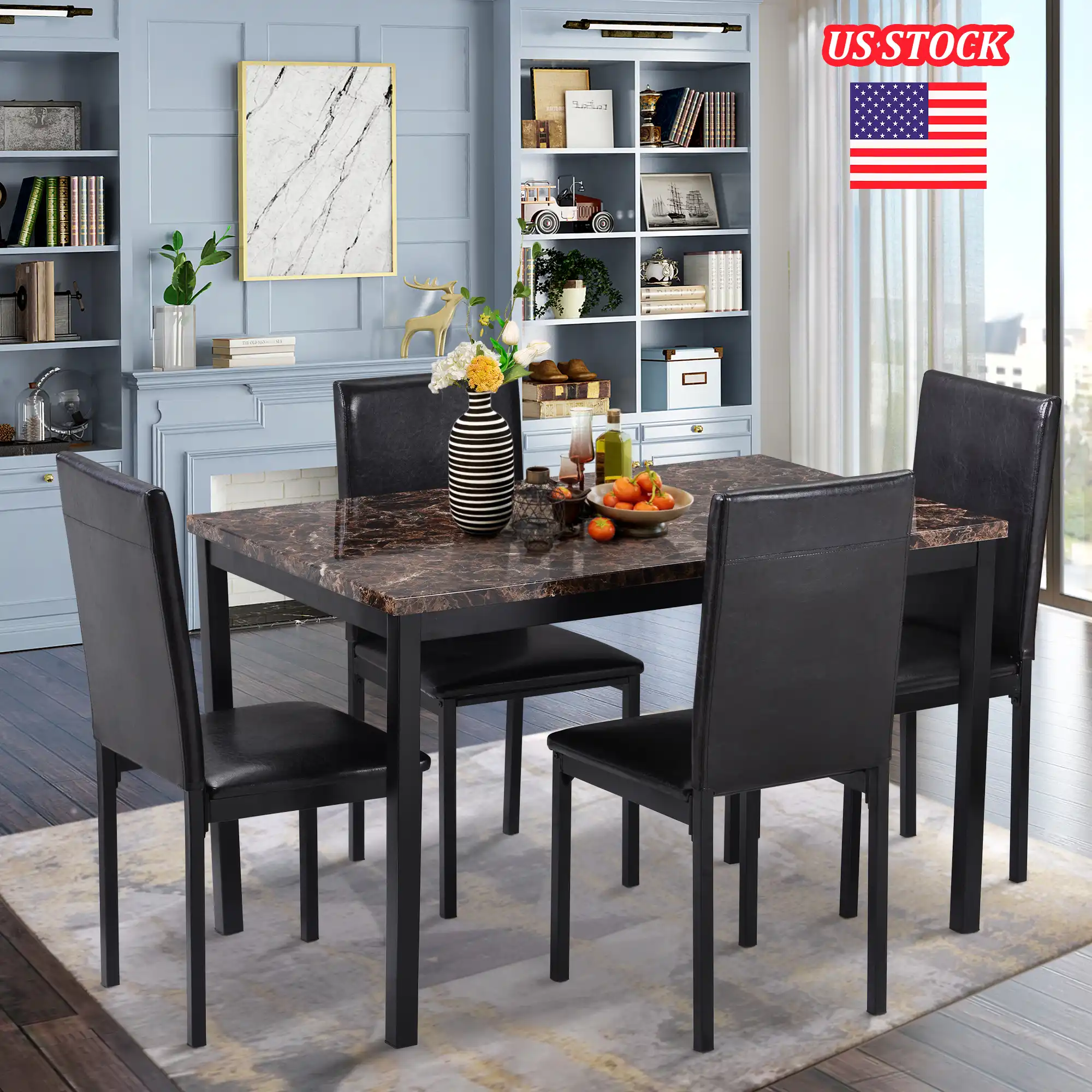 Black Dining Table And 4 Chairs Set With PU Leather Cushion Reinforced Metal Frame For Kitchen Dining Restaurant Bistro Bar Dining Room Sets AliExpress