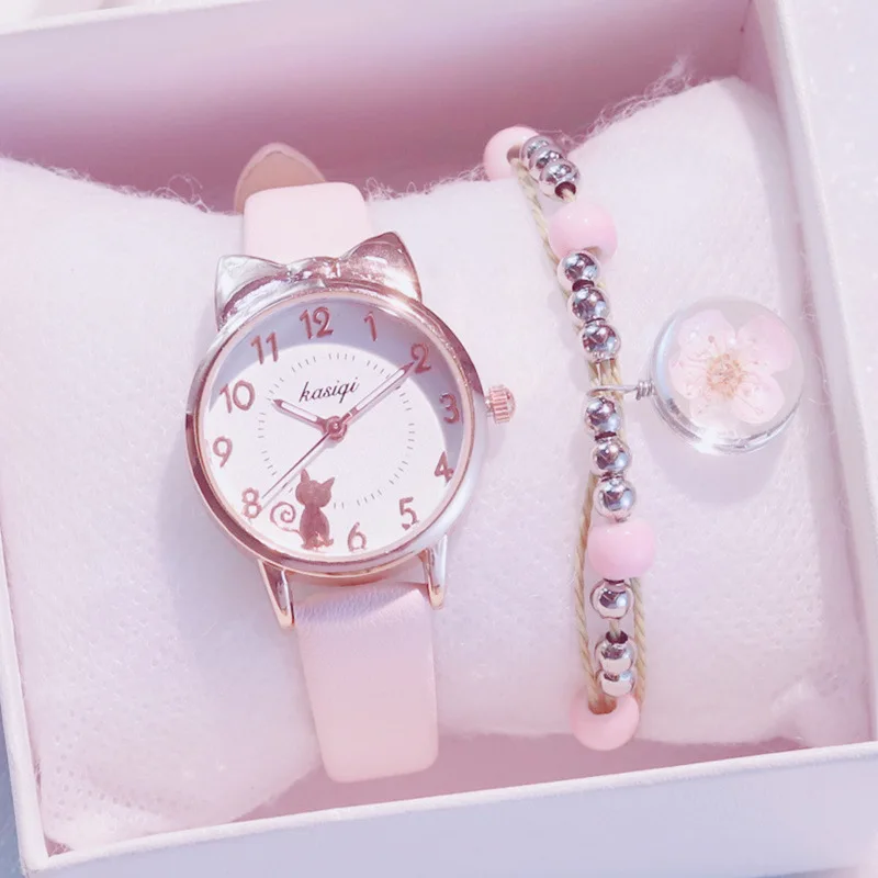 New Girl Quartz Watch Student Children Wristwatch Cat Ears Face Gifts for Kids Girl ulzzang With Box