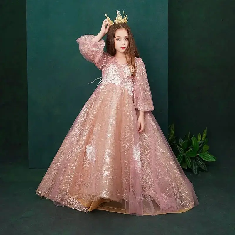 Коллекция года, розовые платья принцессы с круглым вырезом, трапециевидной юбкой, фатиновые Платья с цветочным рисунком для девочек, сетчатые Длинные рукава с золотыми блестками, кружевные платья с цветами для девочек