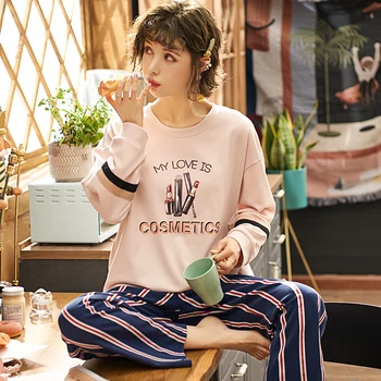 

Women Pajamas Set Spring Autumn New Cartoon Printed Long Sleeve Cute Sleepwear Casual Female plus size Pajamas lingerie