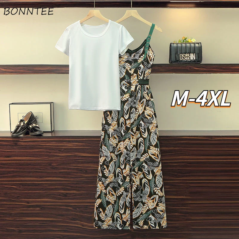 Sets Women T-shirts and Jumpsuits Plus Size M-4XL Printing Straps Design Straight Elegant Female Trendy Temperament Ankle-length |
