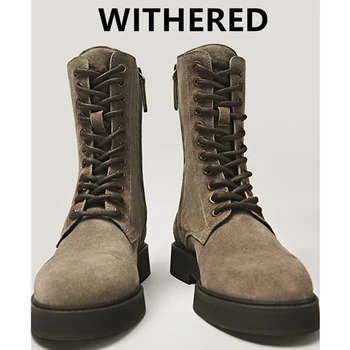 

Withered Winter Boots Women england high street vintage cowhide soft Motorcycle Martin boots Shoes Woman Botas Mujer Shoes Women