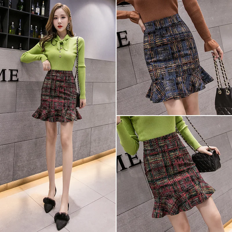 

Spring And Autumn New Style Printed Flounced Fishtail Skirt Short Skirt Slim Fit Versatile Elasticity High Waist Skirt Slimming