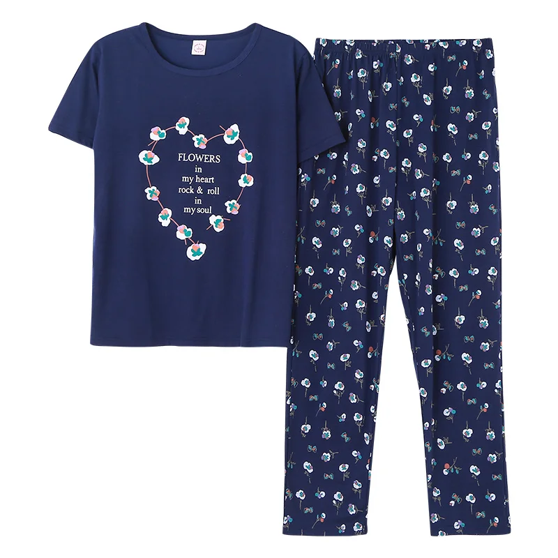 

Women Cotton Pyjamas Short Tops+Long Pants Two Pieces Set Round Neck Pijama Plus Size M-5XL Girls Sleepwear