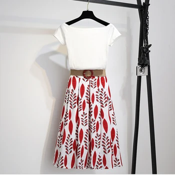 

Women Summer New Sexy Off Shoulder Slash Neck Stretch Cotton Tshirt + High Waist Sashes Pocket Printed Skirts Suits 2 Piece Sets