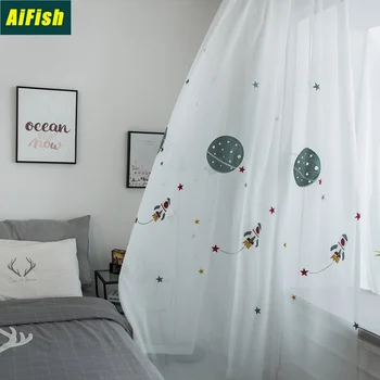 

Cartoon Curtain Decoration Children's Balcony Bedroom Space Embroidered Linen Yarn Tulle Curtain Living Room Custom wp020-4