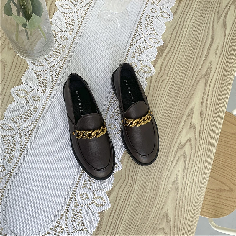 Boussac/женские туфли на плоской подошве с металлическими цепочками; женские лоферы с круглым носком в британском стиле; однотонная мягкая рабочая обувь для женщин; SWA0387 - Цвет: brown