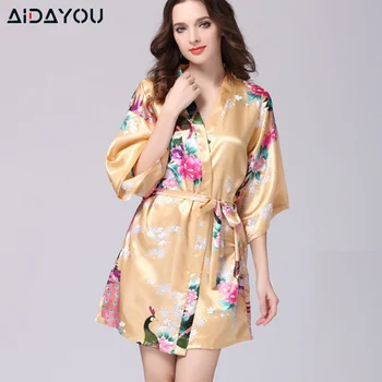 

Satin Silk Pajamas Robe Lunge Half Sleeve Pj Knee-Length Sleep Wear Floral Peacock Pajamas Printing Homewear ouc3379