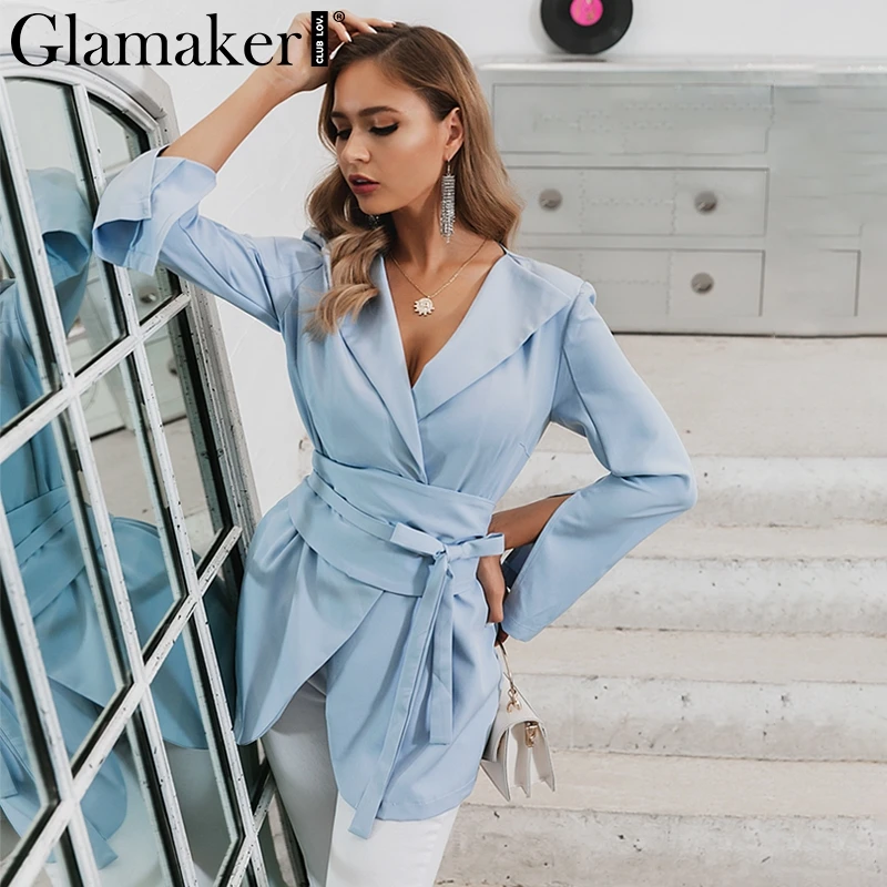 Glamaker, сексуальный синий Женский блейзер с длинным рукавом, элегантный офисный Женский блейзер на шнуровке с глубоким v-образным вырезом, платье, осень, модный тонкий костюм