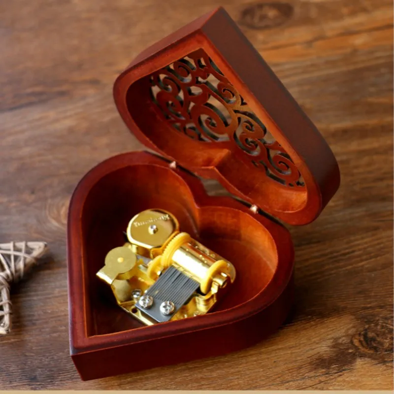 Diy Hand Made Retro Heart-shaped Wind Up Music Box Wooden Music Box Sky City Canon Music Box Creative Birthday Gift 6