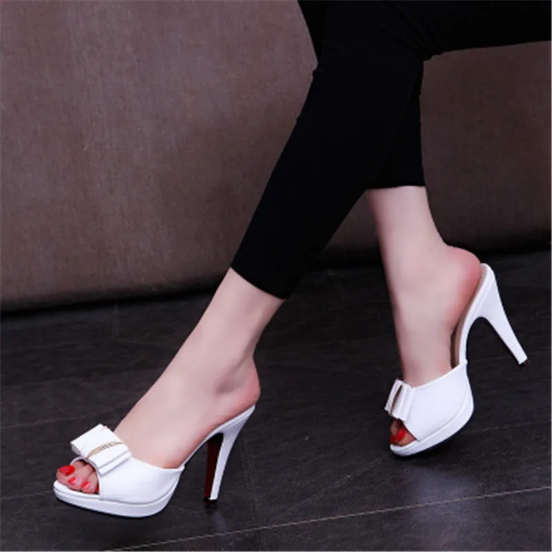

Women Sexy Open Toe Thin Heels 11CM Slippers Extreme High Heels Women Slipper Platform Bow Ladies Party Shoes black white 34-39
