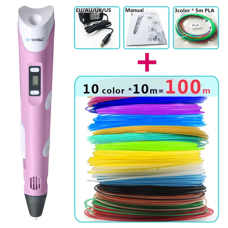 Myriwell 3d ручки+ 10*10 м ABS нити, 3 d Ручка 3d модель, креативная 3d Ручка для печати, лучший подарок для детей DIY креативная, pen-3d ручка - Цвет: Pink pen