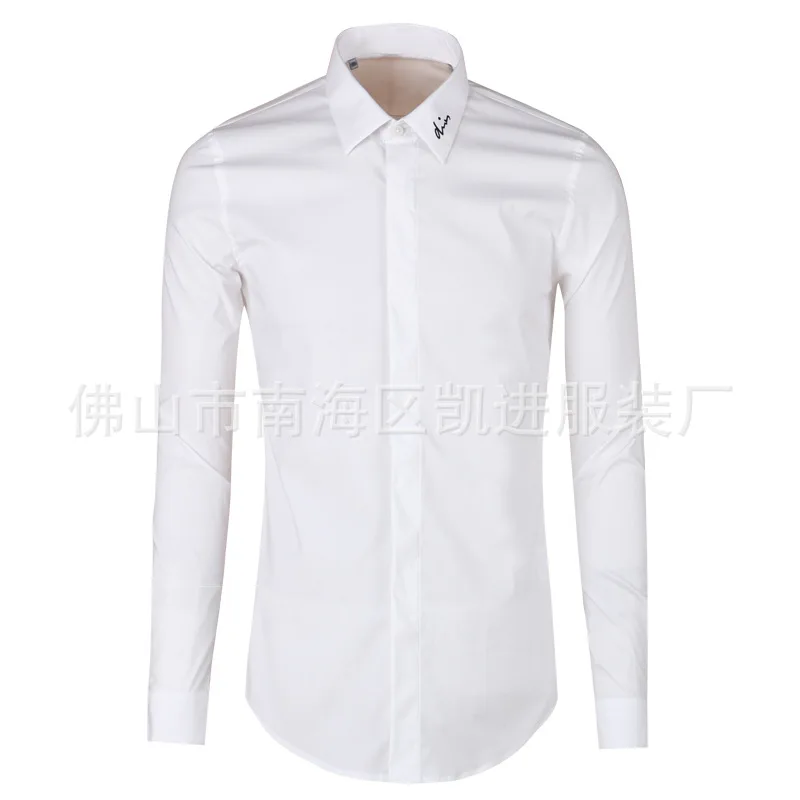 

2018 Spring And Summer Men's Shirt Collar English Embroidered MEN'S Long-sleeved Shirt Slim-Anti-Zou Black And White Light Luxur