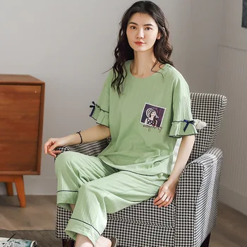 

Pure Cotton Short-sleeved Cropped Pants Thin Cotton Pit Stripe Two-piece Suit Summer Fashion Printing Loose Set Pillamas Mujer