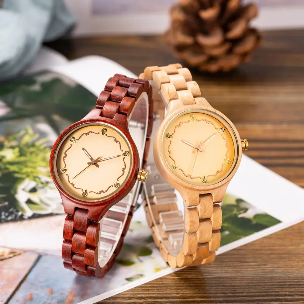 Роскошные деревянные часы женские с драгоценными камнями Женские кварцевые