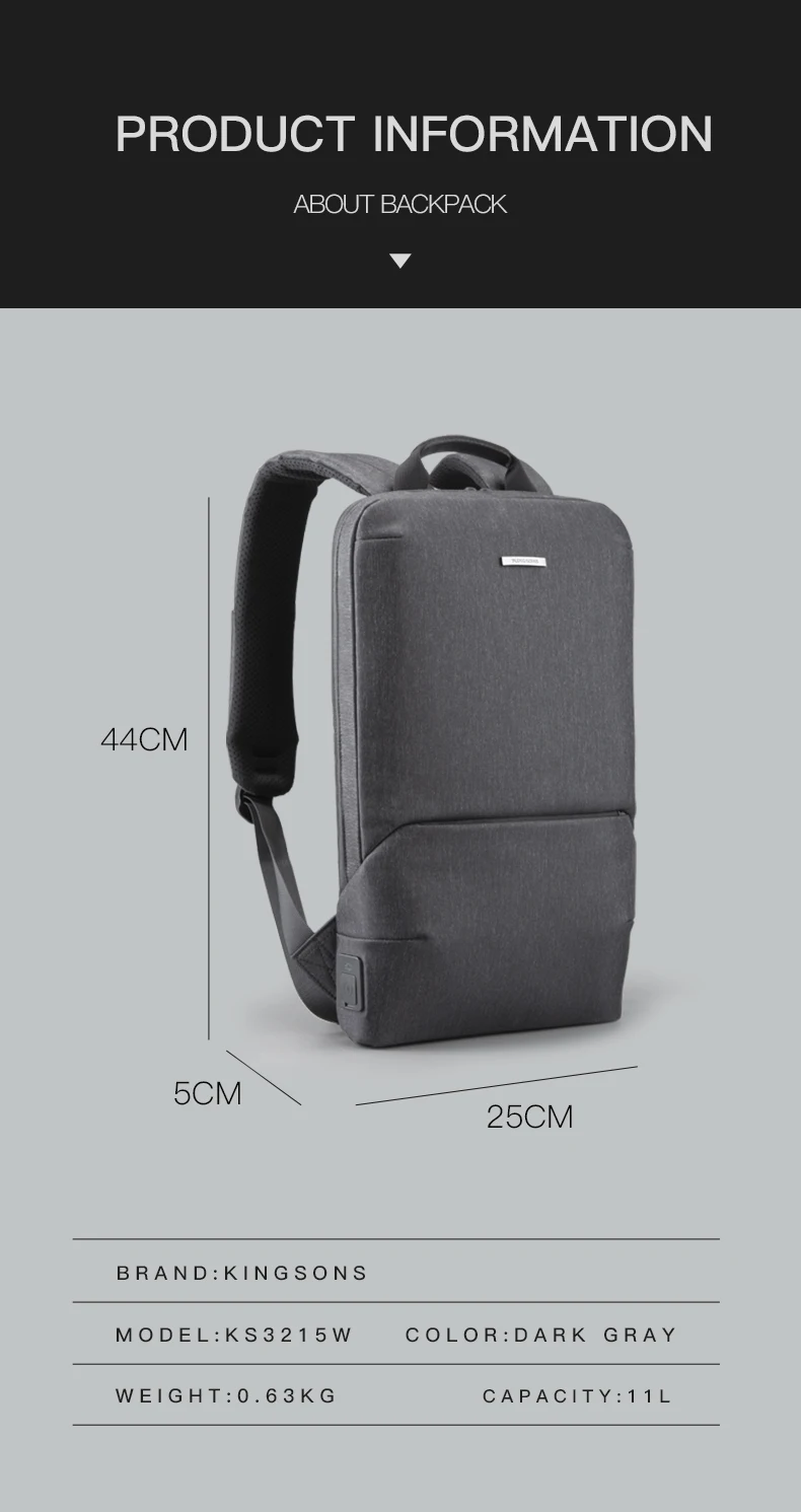 Kingsons New Unisex Backpacks Thin 15'' Laptop Men Business