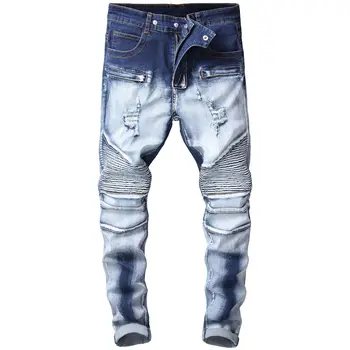 

2019 the new youth men's double color jeans tide fold locomotive hole jeans wear white pants elastic cultivate one's morality