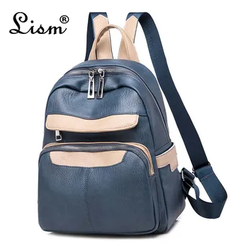 

Stitching Backpack 2019 New PU Leather Youth Girl Schoolbag College Style Fashion Travel Backpack Charm Blue Main Style
