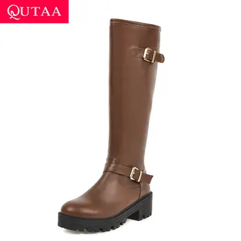 

QUTAA 2020 Autumn Winter Square Heel Fashion Buckle Zipper Women Shoes PU Leather Round Toe Leisure Knee High Boots Size 34-43