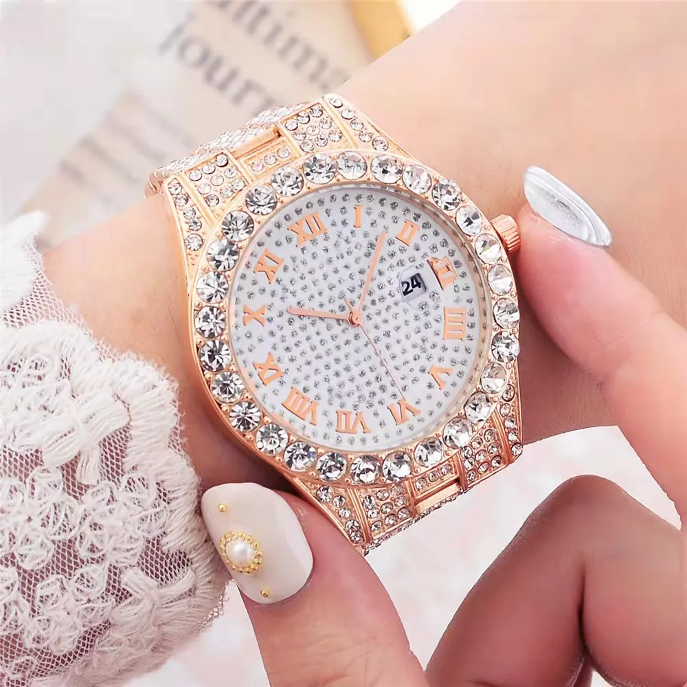 Simple Watch for Women Luxury Fashion Full Iced Out Watch Men Gold Rhinestone Quartz Wristwatch Relogio Masculino Couple Watches