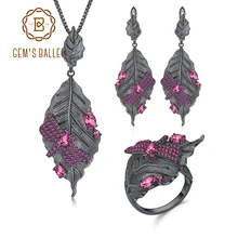 GEM'S балетные 925 пробы серебряные украшения ручной работы Листья набор натуральный родолит гранат регулируемое кольцо серьги кулон для женщин