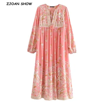 

BOHO Lacing up V neck Location Pteris flower Print Long Dress Pink Ethnic WomanTassel Strappy Long Sleeve Holiday Dresses Beach