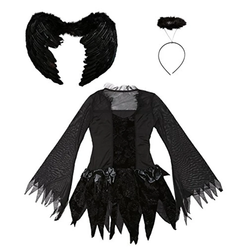 Ataullah Halloween Cosplay Dress Dark Angel Wings Costume Carnival Party Ghost Vampire Woman Mesh Sexy Dress Hair Hoop DW001