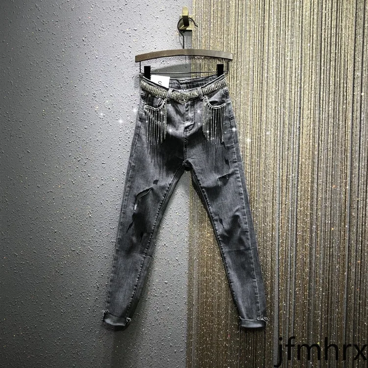 

European Grey Jeans Woman 2020 Spring New High-Waist Slim-Fit Rhinestone Tassel Pockets Ripped Denim Pencil Pants Women's Jeans