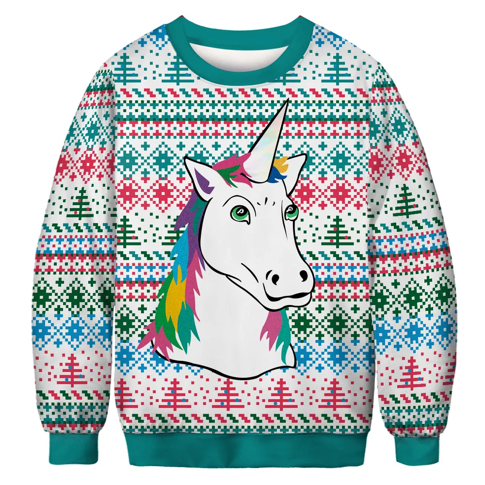 

New Funny Christmas Unicorn Hoodie Men Women Colorful Sweatshirt Winter Top Fashion Print O Neck Couples Outerwear Warm Pullover