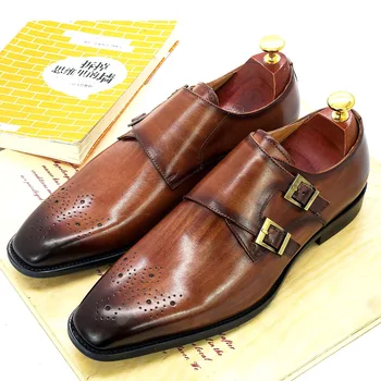

Double Monk Strap Oxford Shoes Mens Handmade Genuine Leather Buckle Men's Dress Shoes Formal Wedding Office for Men Footwear