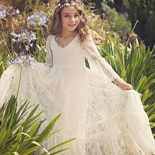 Lace Bohemia Flower Girl Dresses For Wedding Illusion 3/4 Speaker Sleeve Floor Length Girl Party Dresses Lace Dresses