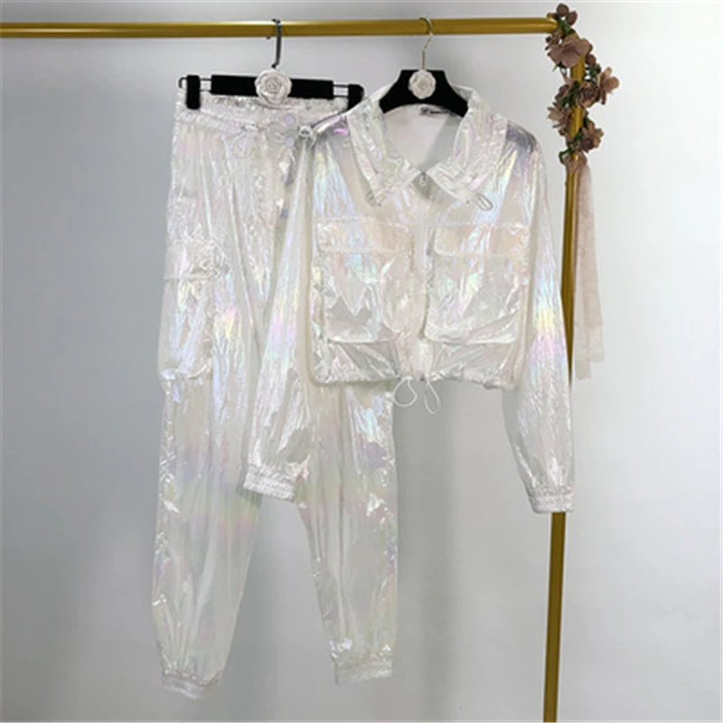 

Female Casual Workout Two Piece Set Women Fashion Multicolo Zipper Long Sleeve Outfits Sporty Active Wear Top And Pants Set
