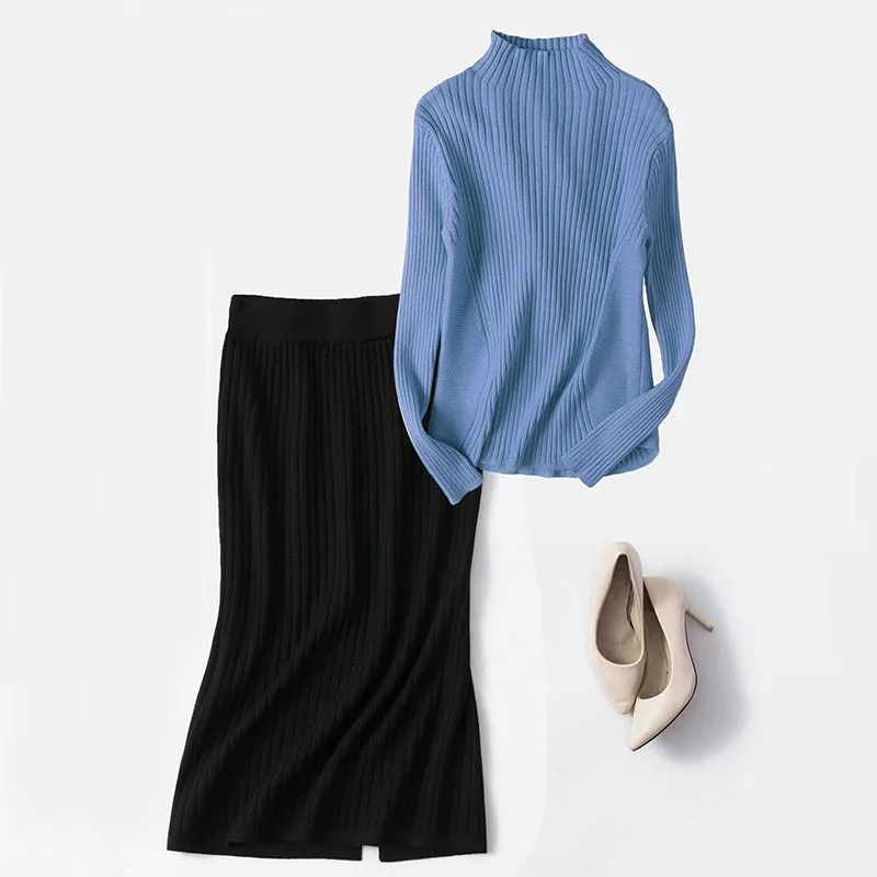 

Online Celebrity WOMEN'S Suit Autumn And Winter 2019 Girl'S Autumn Clothing Knitted Skirt Slit Sheath Skirt with Sweater Two-Pie