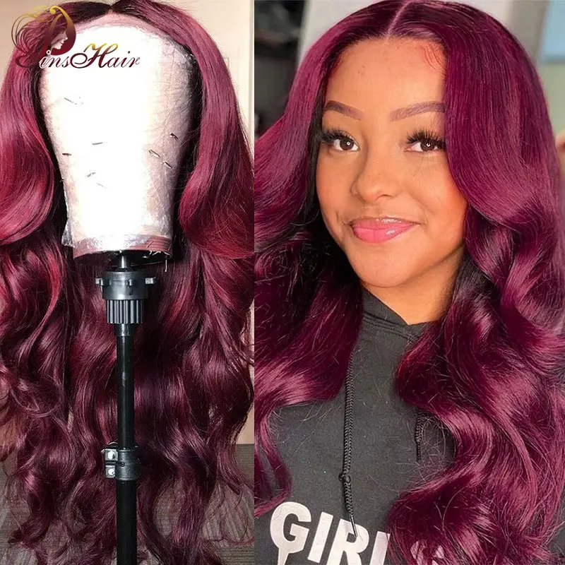 Burgundy Lace Front Human Hair Wigs 99J Body Wave Wig For Black Women Brazilian Remy Pre Plucked Pinshair 180% | Шиньоны и парики