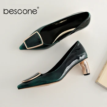 

BESCONE Sexy Pointed Toe Pumps Strange Heel Fashion Metal Decoration High Quality Patent Leather Shoes New Women's Pumps BO411